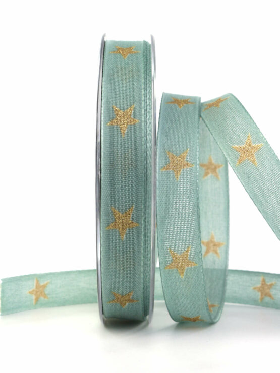 Taftband mit glitzernden Gold-Sternen, grün, 15 mm breit - geschenkband-weihnachten-gemustert, geschenkband-weihnachten, weihnachtsbaender