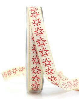 Baumwollband mit Sternen, rot, 15 mm breit - geschenkband-weihnachten, weihnachtsbaender, geschenkband-weihnachten-gemustert