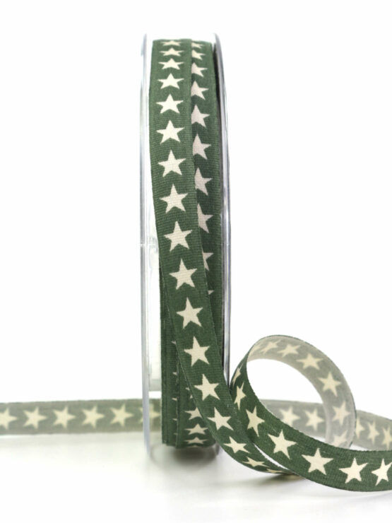 Schmales Sternenband, grün, 10 mm breit - geschenkband-weihnachten-gemustert, geschenkband-weihnachten, weihnachtsbaender