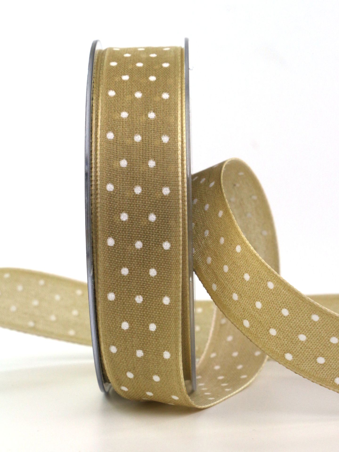 Leinenband mit Punkten, braun, 25 mm breit, 20 m Rolle - geschenkband, geschenkband-gemustert, geschenkband-mit-punkten