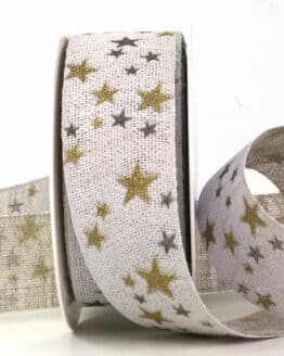 Natur-Weihnachtsband mit Sternen, creme, 40 mm breit, 15 m Rolle