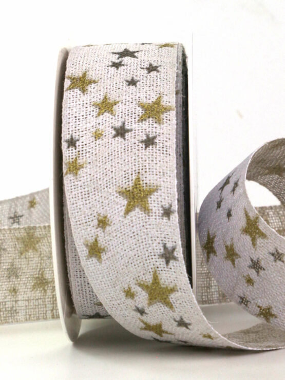 Natur-Weihnachtsband mit Sternen, creme, 40 mm breit, 15 m Rolle - geschenkband-weihnachten-gemustert, geschenkband-weihnachten, weihnachtsbaender