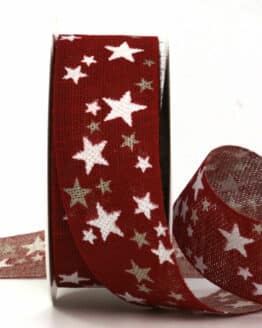 Natur-Weihnachtsband mit Sternen, rot, 40 mm breit, 15 m Rolle