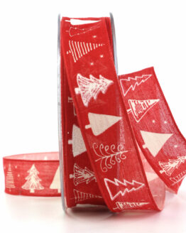 Geschenkband Weihnachtswald, rot, 25 mm breit - weihnachtsbaender, geschenkband-weihnachten-gemustert, geschenkband-weihnachten