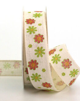 Baumwollband Sommerblumen, creme, 25 mm breit, 20 m Rolle - geschenkband, geschenkband-gemustert