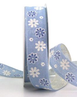 Baumwollband Sommerblumen, hellblau, 25 mm breit, 20 m Rolle - geschenkband, geschenkband-gemustert, geschenkband-einfarbig