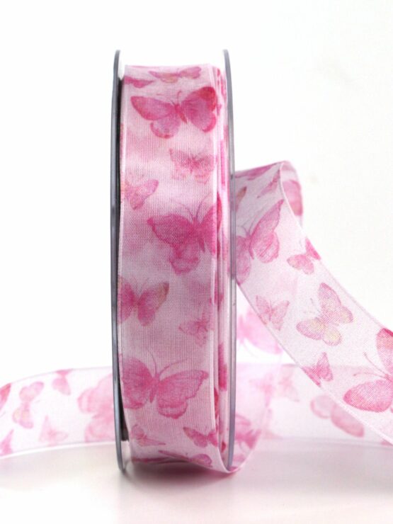 Organzaband mit Schmetterlingen, pink, 25 mm breit, 20 m Rolle - geschenkband, geschenkband-gemustert