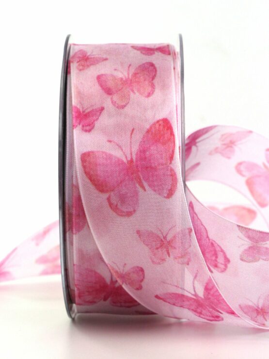 Organzaband mit Schmetterlingen, pink, 40 mm breit, 20 m Rolle - geschenkband, geschenkband-gemustert