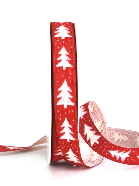 Eco-Weihnachtsband Tannenbäume, rot, 15 mm breit, 20 m Rolle - weihnachtsbaender, geschenkband-weihnachten-gemustert, geschenkband-weihnachten