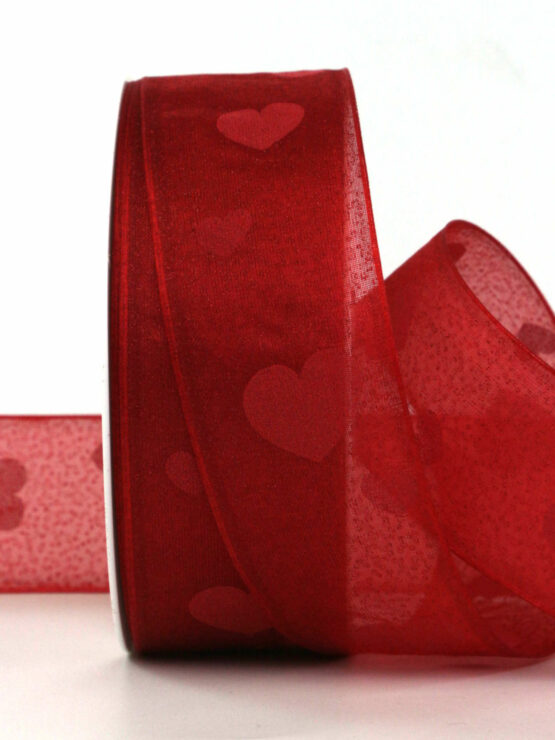 Organzaband mit Herzen, rot, 40 mm breit, 20 m Rolle - geschenkband-fuer-anlaesse, muttertag, anlasse, valentinstag, geschenkband, geschenkband-gemustert, geschenkband-mit-herzen
