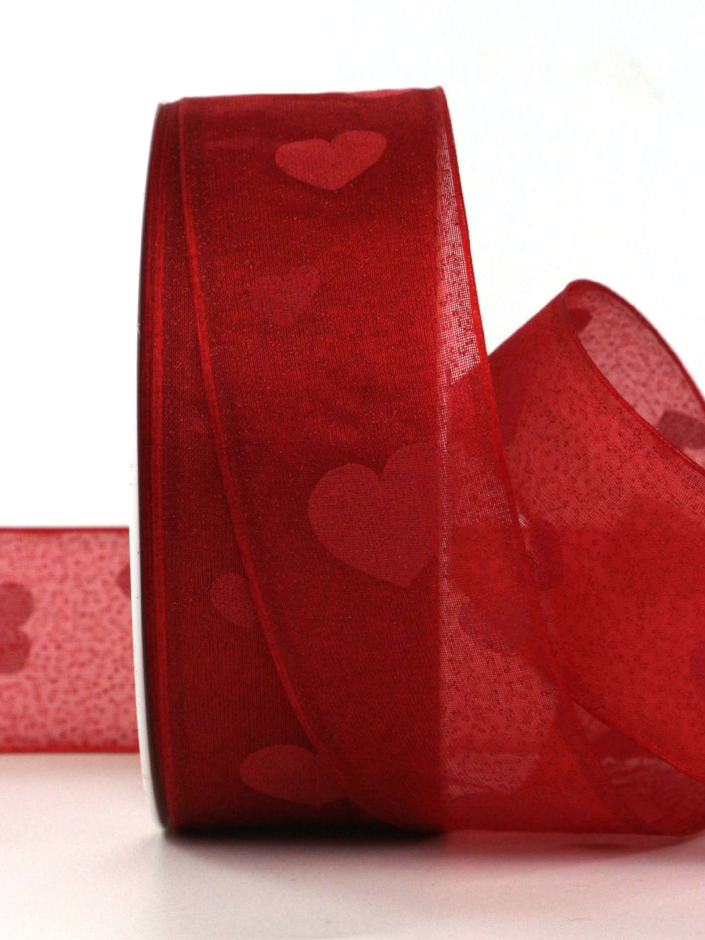 Organzaband mit Herzen, rot, 40 mm breit, 20 m Rolle - valentinstag, geschenkband, geschenkband-gemustert, geschenkband-mit-herzen, geschenkband-fuer-anlaesse, muttertag, anlasse