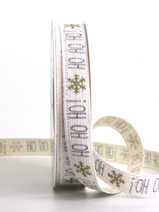 Eco-Geschenkband HoHoHo, weiß, 15 mm breit, 20 m Rolle - geschenkband-weihnachten-gemustert, geschenkband-weihnachten, weihnachtsbaender