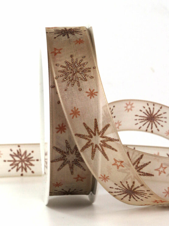 Geschenkband Polarstern, cognac, 25 mm breit, 20 m Rolle - geschenkband-weihnachten-gemustert, geschenkband-weihnachten, weihnachtsbaender