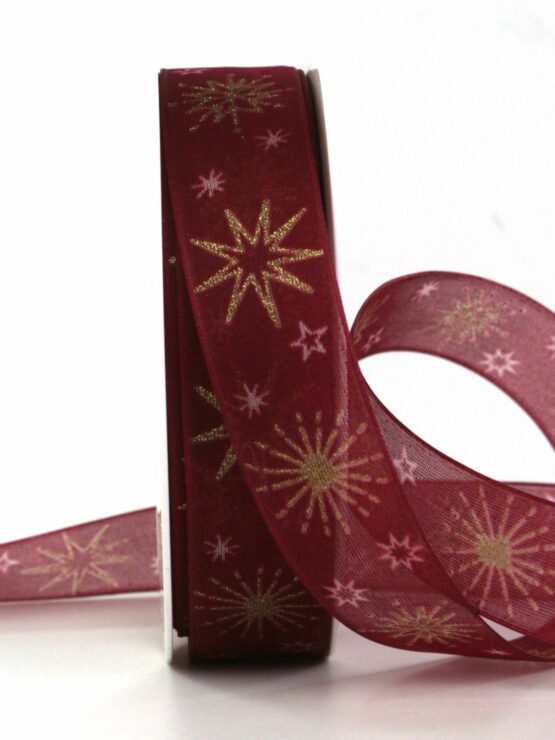 Geschenkband Polarstern, bordeaux, 25 mm breit, 20 m Rolle - geschenkband-weihnachten-gemustert, geschenkband-weihnachten, weihnachtsbaender
