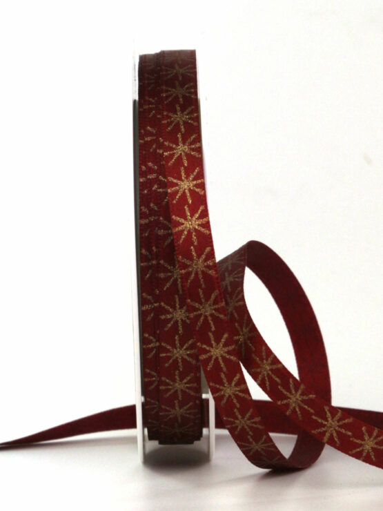 Schmales Weihnachtsband mit Sternen, bordeaux, 10 mm breit, 20 m Rolle - geschenkband-weihnachten-gemustert, geschenkband-weihnachten, weihnachtsbaender