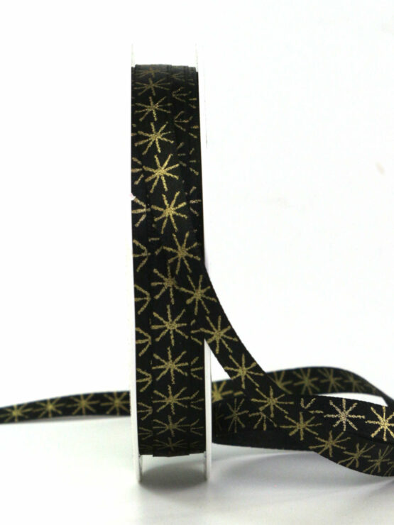 Schmales Weihnachtsband mit Sternen, schwarz, 10 mm breit, 20 m Rolle - geschenkband-weihnachten-gemustert, geschenkband-weihnachten, weihnachtsbaender