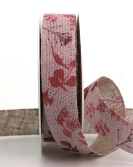 Leinen-Geschenkband m. Zweigen, rosé, 25 mm breit, 15 m Rolle - geschenkband-gemustert, eco-baender, geschenkband