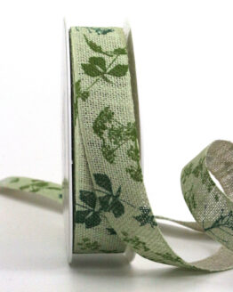 Leinen-Geschenkband m. Zweigen, grün, 25 mm breit, 15 m Rolle - geschenkband-gemustert, eco-baender, geschenkband