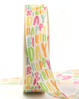 Geschenkband Happy Birthday, bunt, 25 mm breit - geschenkband, geschenkband-gemustert, geschenkband-fuer-anlaesse, geburtstag, anlasse