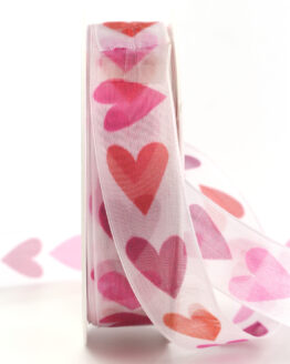 Geschenkband mit Herzen, pink, 25 mm breit - geschenkband, geschenkband-gemustert, geschenkband-mit-herzen, geschenkband-fuer-anlaesse, muttertag, anlasse, valentinstag