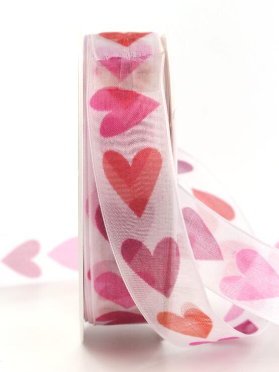 Geschenkband mit Herzen, pink, 25 mm breit - geschenkband-mit-herzen, geschenkband-fuer-anlaesse, muttertag, anlasse, valentinstag, geschenkband, geschenkband-gemustert