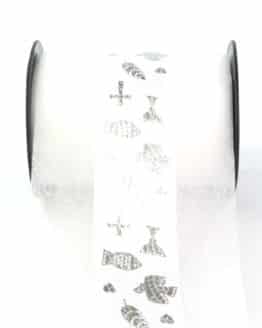 Tischband Kommunion/Konfirmation, weiß-silber, 100  mm breit - kommunion-konfirmation, anlasse, vliesband, geschenkband-fuer-anlaesse