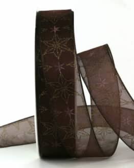 Weihnachtsband Organza mit Sternen, schokobraun, 25 mm breit, 20 m Rolle