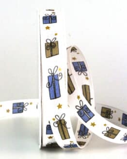 Schmales Geschenkband Weihnachtsgeschenke, weiß, 15 mm breit, 18 m Rolle