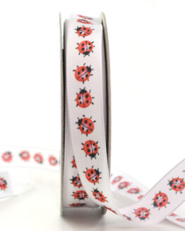 Geschenkband Marienkäfer, weiß, 15 mm breit - geschenkband, geschenkband-gemustert, geschenkband-fuer-anlaesse, gluck, anlasse