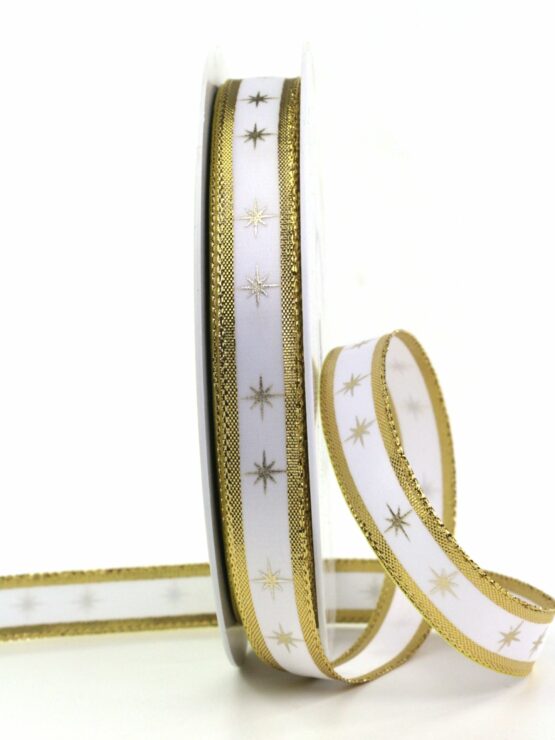 Geschenkband mit Sternen, gold, 15 mm breit, 25 m Rolle - geschenkband-weihnachten-gemustert, geschenkband-weihnachten, weihnachtsbaender