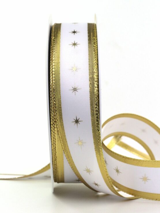 Geschenkband mit Sternen, gold, 30 mm breit, 25 m Rolle - weihnachtsbaender, geschenkband-weihnachten-gemustert, geschenkband-weihnachten