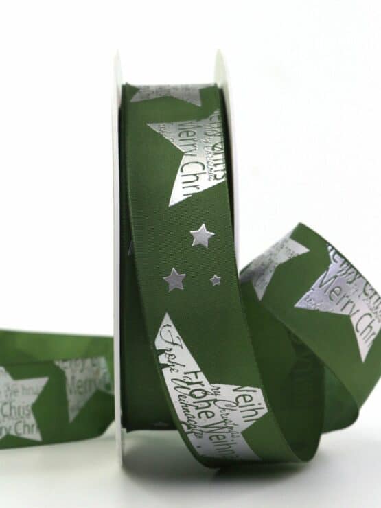 Geschenkband Merry Christmas, grün, 25 mm breit - weihnachtsbaender, geschenkband-weihnachten-gemustert, geschenkband-weihnachten