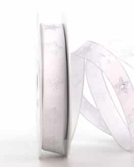 Edles Weihnachtsband mit Sternen, weiß, 15 mm breit, 25 m Rolle