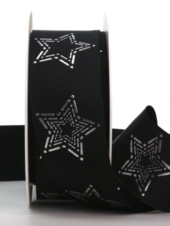 Edles Weihnachtsband mit Sternen, schwarz, 40 mm breit, 25 m Rolle - geschenkband-weihnachten-gemustert, geschenkband-weihnachten, weihnachtsbaender