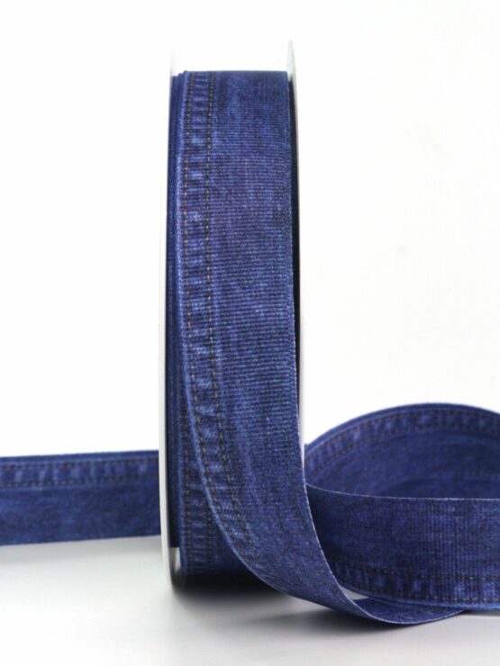 Geschenkband „Jeans“, blau, 25 mm breit, 25 m Rolle - geschenkband, geschenkband-gemustert, ripsband