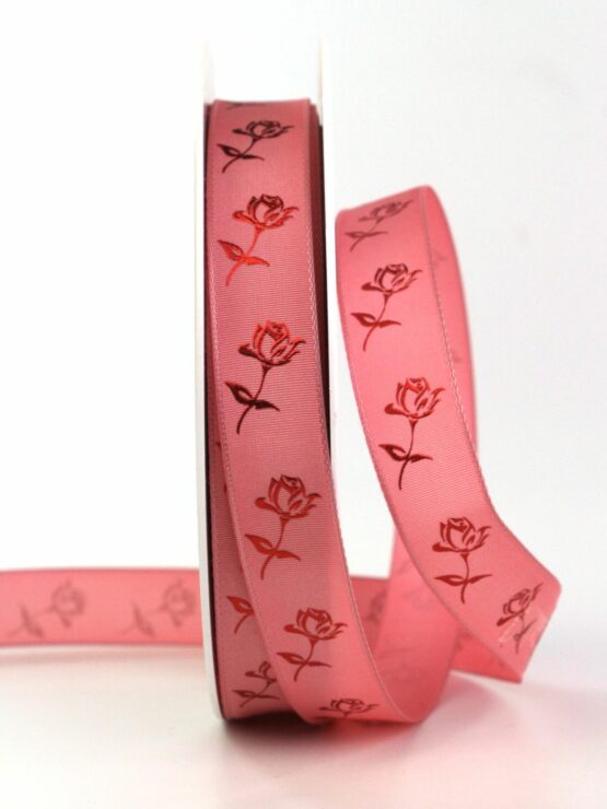 Dekoband „Rosen“, rosa, 15 mm breit, 25 m Rolle - geschenkband, geschenkband-gemustert