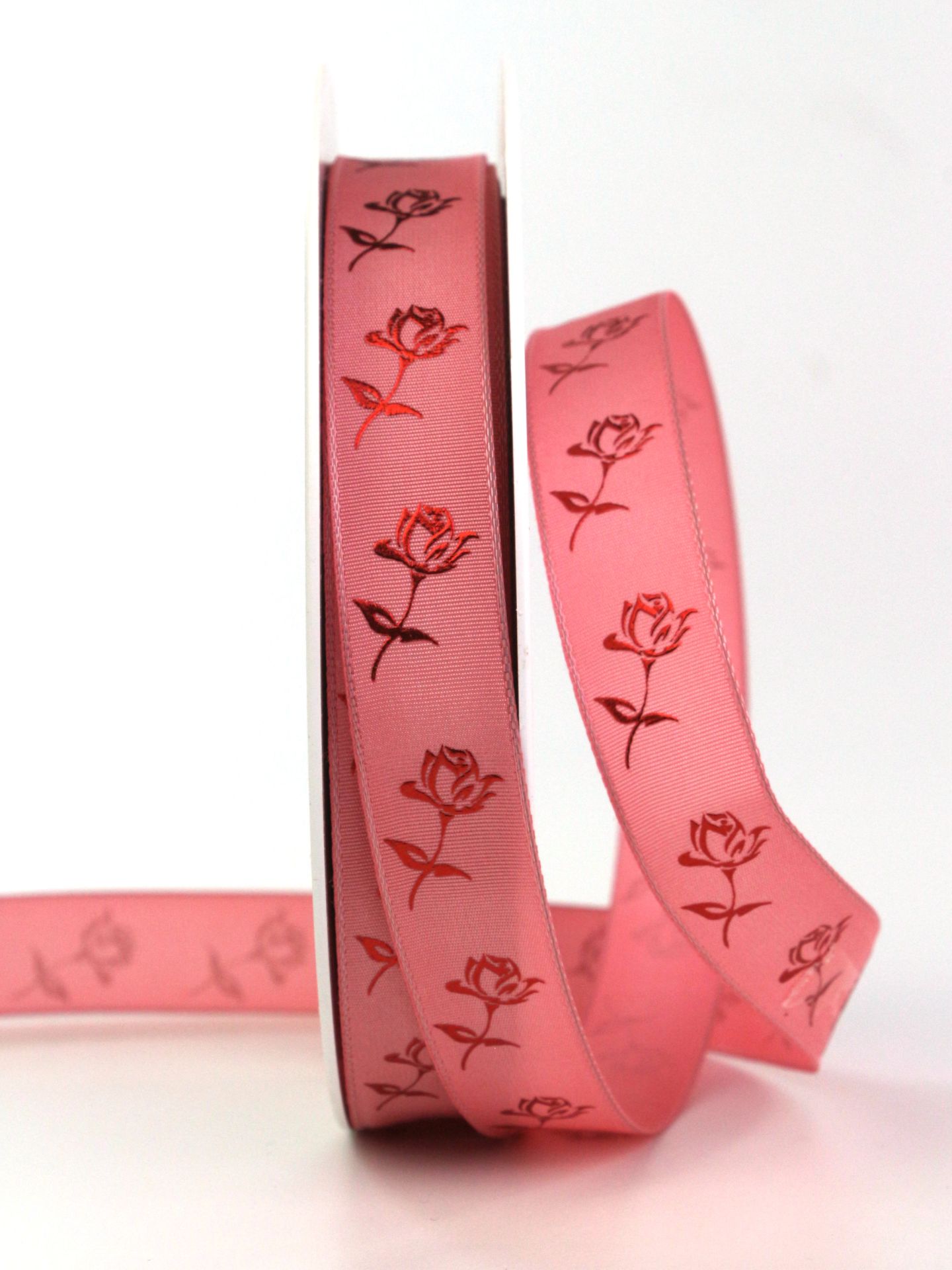 Dekoband „Rosen“, rosa, 15 mm breit, 25 m Rolle - geschenkband-gemustert, geschenkband