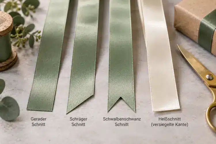 Geschenkband mit geradem, schrägem und Schwalbenschwanz-Schnitt sowie versiegelter Schnittkante.