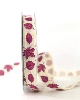 Baunwollband Herbstlaub, lila, 15 mm breit - geschenkband-gemustert