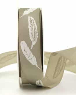 Dekoband Federn, taupe, 25 mm breit - geschenkband, geschenkband-gemustert