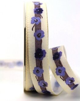 Leinenband mit Vergissmeinnicht-Blüten, flieder, 25 mm - dekoband, organzaband, geschenkband, webkante, geschenkband-gemustert