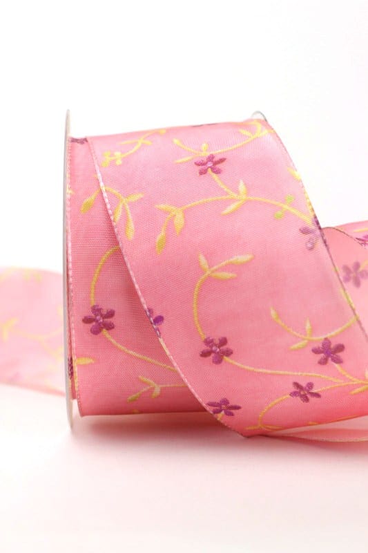 Geschenk- und Dekoband Ranke, rosa, 60 mm - geschenkband-gemustert, dekoband, dekoband-mit-drahtkante