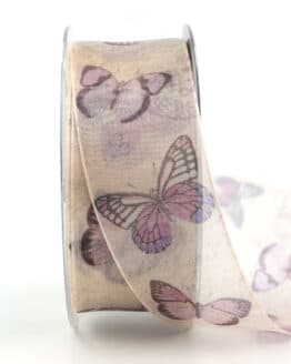 Organzaband Schmetterlinge, flieder, 40 mm breit - vintagebaender, organazband-gemustert, geschenkband, geschenkband-gemustert