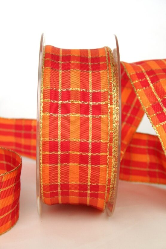 Karoband rot-orange-gold, 40 mm breit, mit Drahtkante - weihnachtsband-2