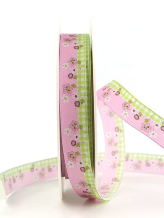 Dekoband Blumenzeit, rosa, 15 mm breit - geschenkband, geschenkband-gemustert