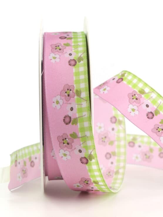 Dekoband Blumenzeit, rosa, 25 mm breit - geschenkband, geschenkband-gemustert