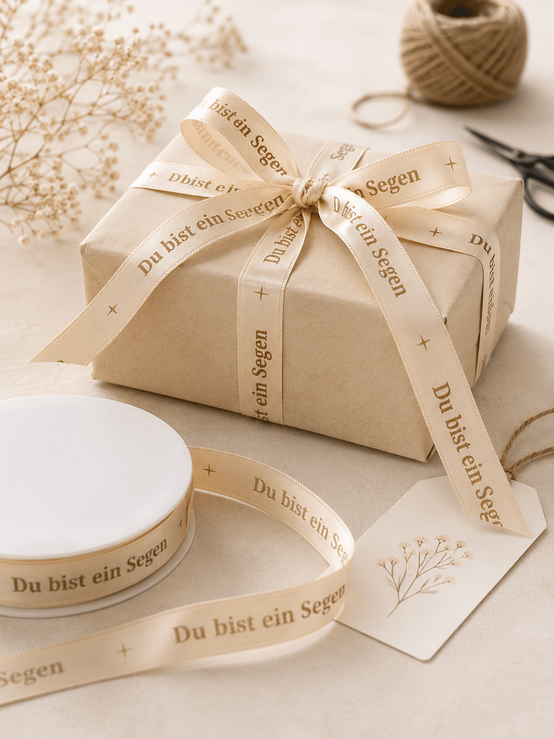 Du bist ein Segen Anwendung Geschenkverpackung Satinband 15 mm Creme – 25 m Rolle mit Aufdruck „Du bist ein Segen“ – Bild 6