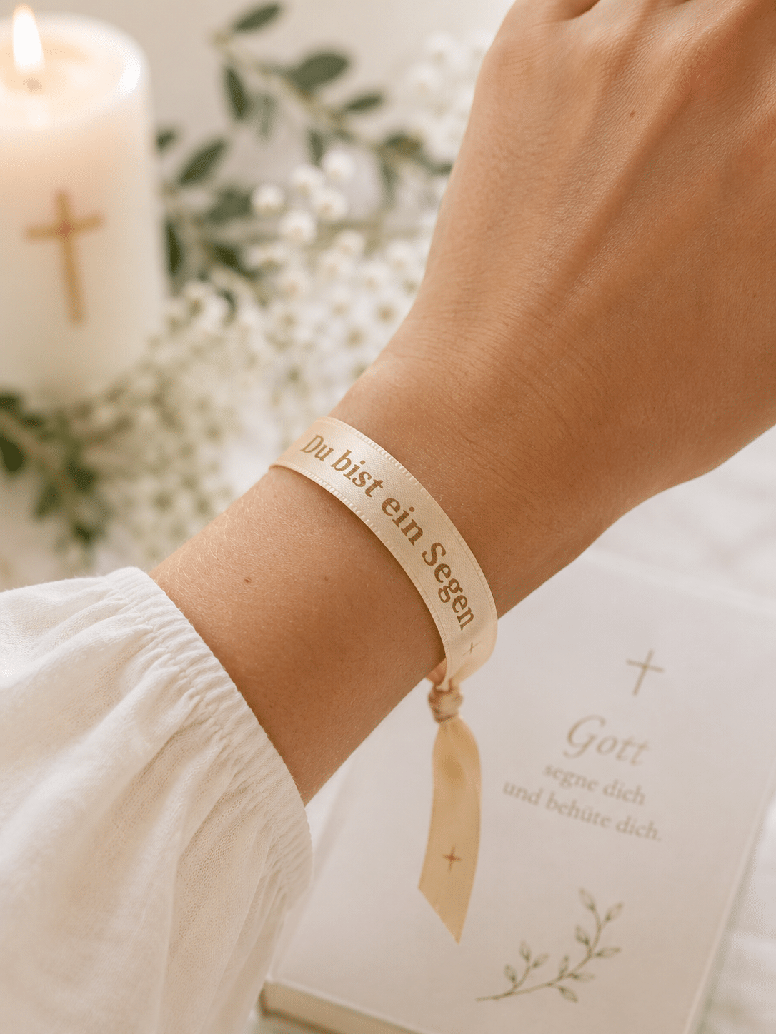 Du bist ein Segen Armband Satinband 15 mm Creme – 25 m Rolle mit Aufdruck „Du bist ein Segen“ – Bild 3