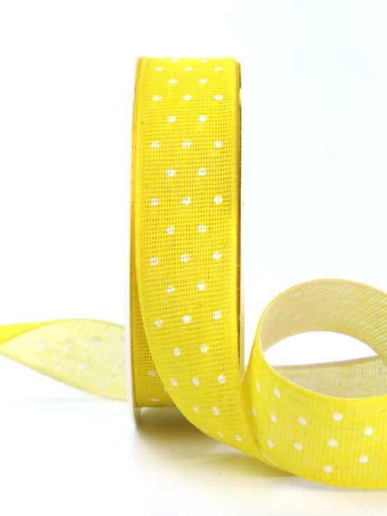 Baumwollband mit Punkten, gelb, 25 mm breit - geschenkband, geschenkband-gemustert, geschenkband-mit-punkten