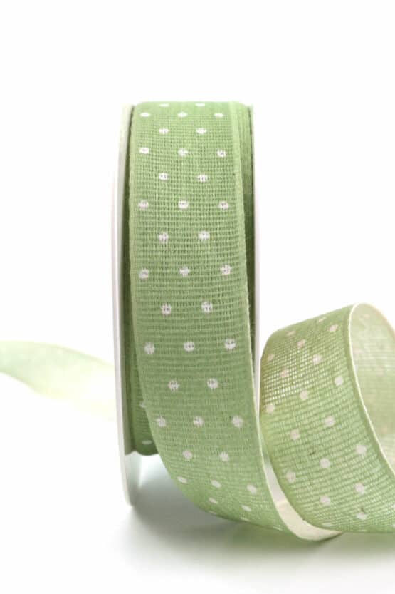 Baumwollband mit Punkten, pastellgrün, 25 mm breit - eco-baender, geschenkband-mit-punkten, geschenkband, baender-aus-baumwolle, geschenkband-gemustert, biologisch-abbaubar, kompostierbare-geschenkbaender